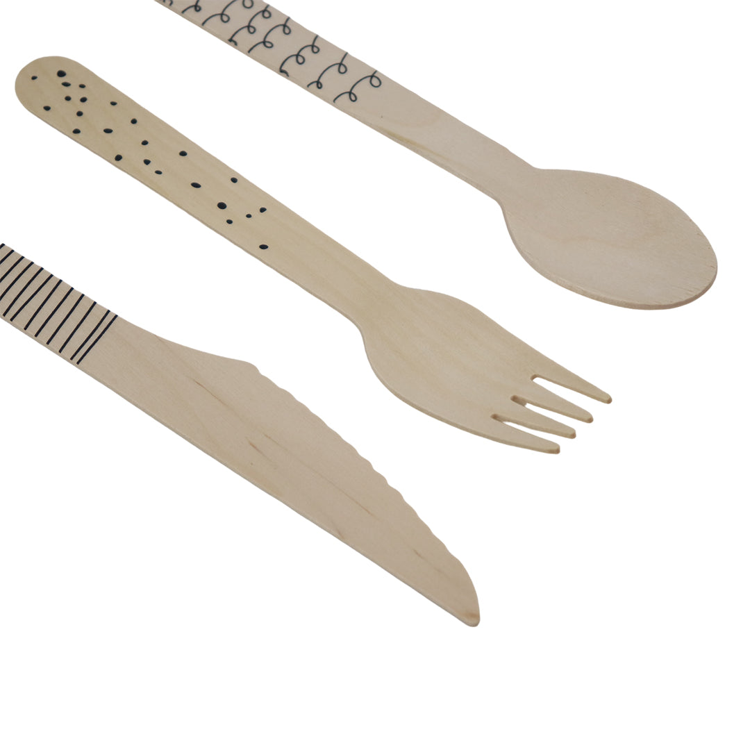 Set de Cubiertos de Madera para Fiesta Gráficos Negros - 24 Piezas