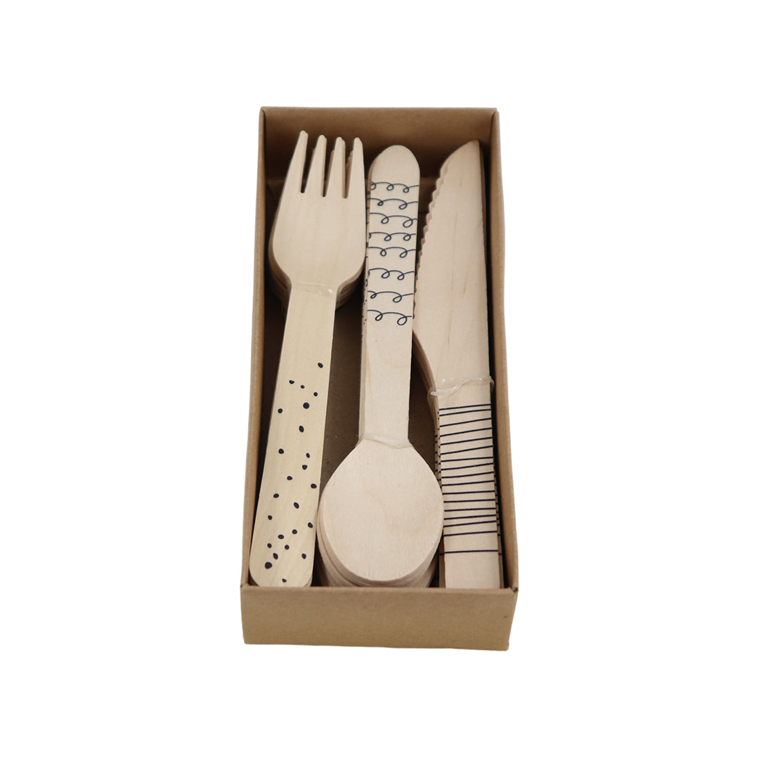 Set de Cubiertos de Madera para Fiesta Gráficos Negros - 24 Piezas