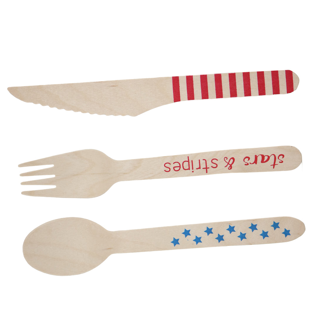 Set de Cubiertos de Madera para Fiesta Estrellas y Lineas - 24 Piezas