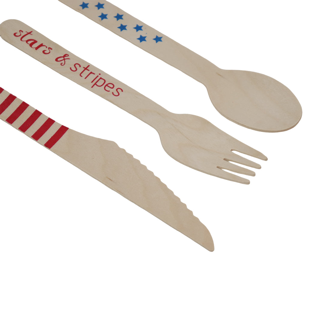 Set de Cubiertos de Madera para Fiesta Estrellas y Lineas - 24 Piezas
