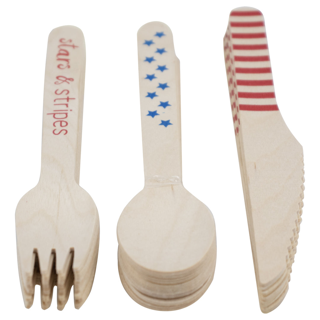 Set de Cubiertos de Madera para Fiesta Estrellas y Lineas - 24 Piezas