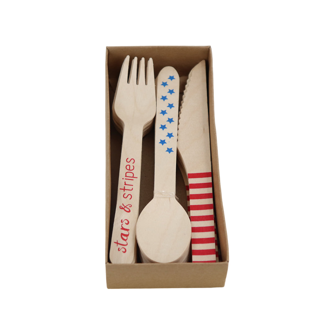 Set de Cubiertos de Madera para Fiesta Estrellas y Lineas - 24 Piezas