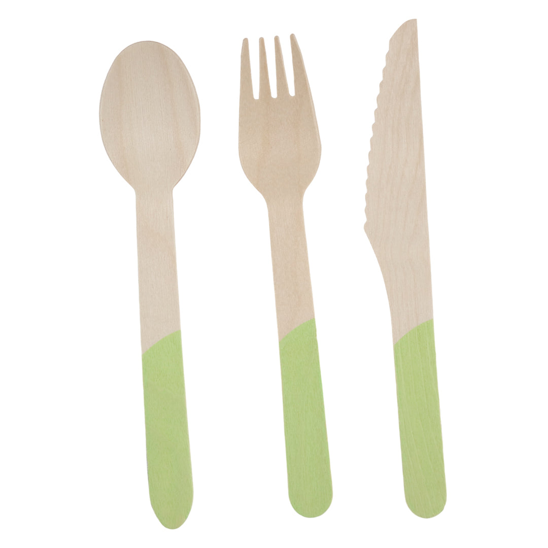 Set de Cubiertos de Madera para Fiesta Verde - 24 Piezas
