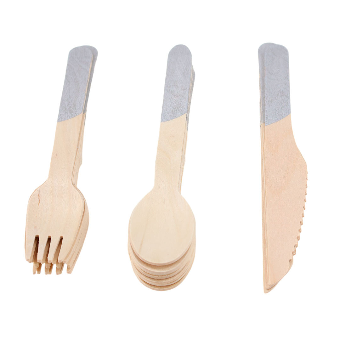 Set de Cubiertos de Madera para Fiesta Plata Asimetrico - 24 Piezas