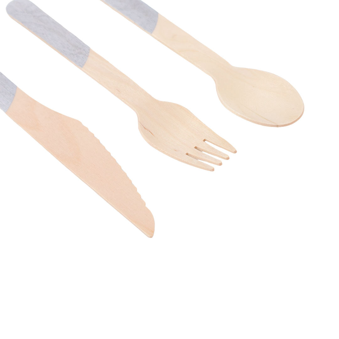 Set de Cubiertos de Madera para Fiesta Plata Asimetrico - 24 Piezas