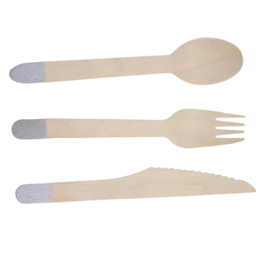 Set de Cubiertos de Madera para Fiesta Azul plata- 24 Piezas