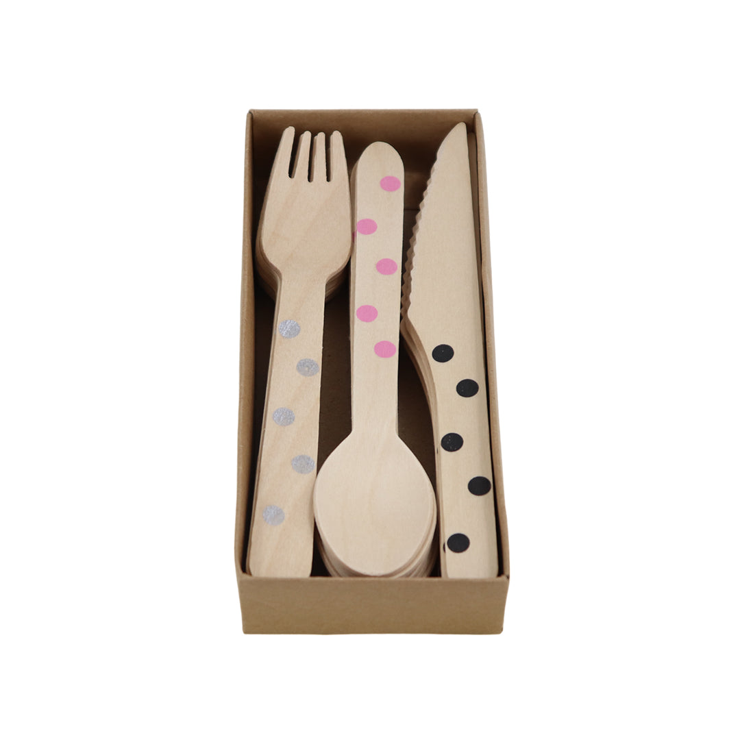 Set de Cubiertos de Madera para Fiesta Puntos de Colores - 24 Piezas