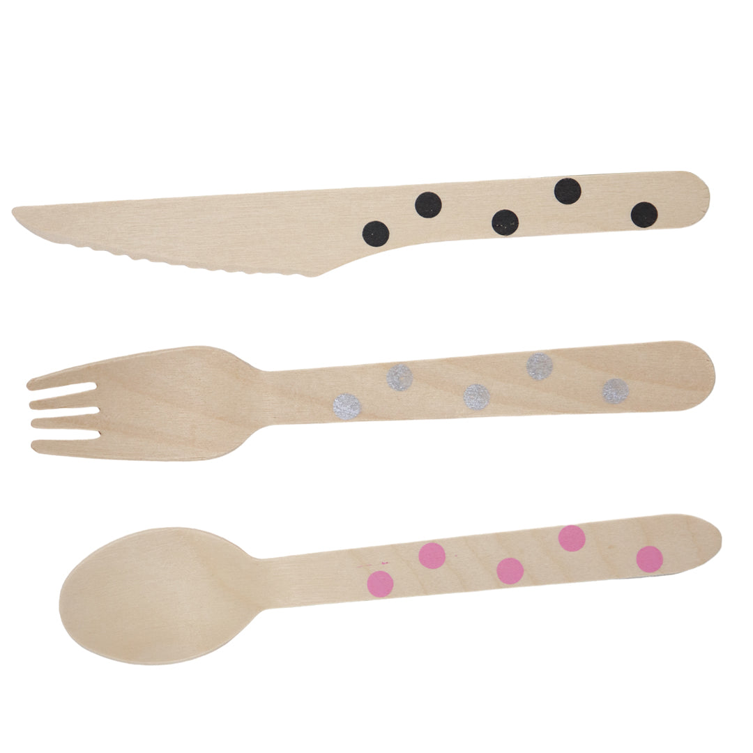 Set de Cubiertos de Madera para Fiesta Puntos de Colores - 24 Piezas