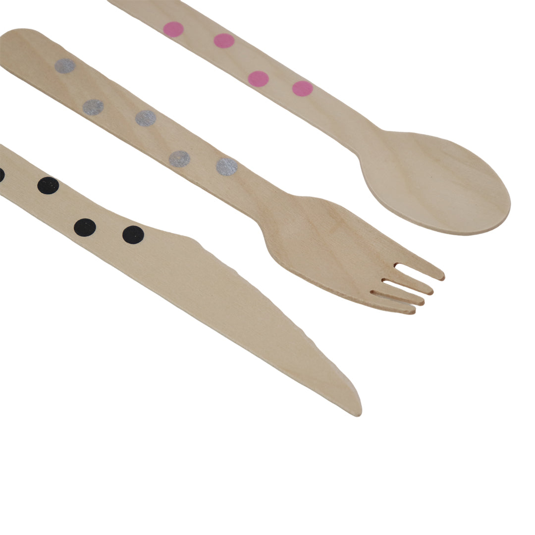 Set de Cubiertos de Madera para Fiesta Puntos de Colores - 24 Piezas