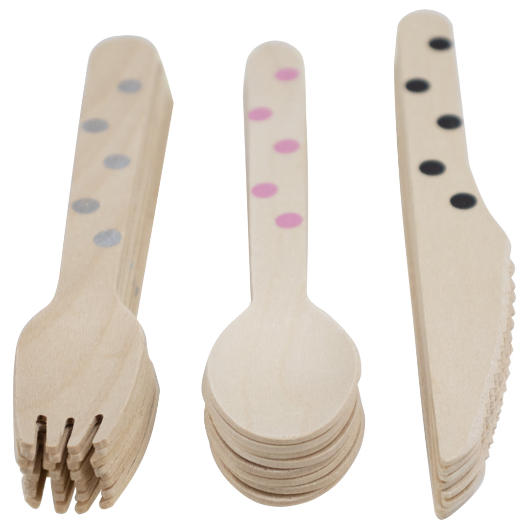 Set de Cubiertos de Madera para Fiesta Puntos de Colores - 24 Piezas