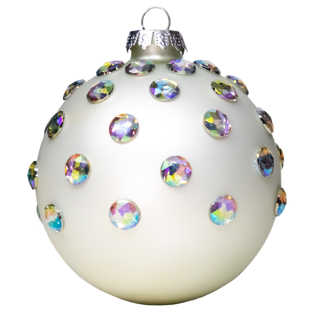 Set de 6 Esferas Navideñas Blancas y Piedras de Colores
