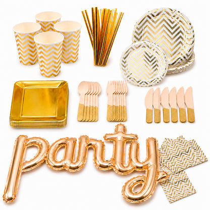 Kit de Fiesta Gold Stripes: Platos, Vasos, Cubiertos, Popotes, Servilletas y Decoración