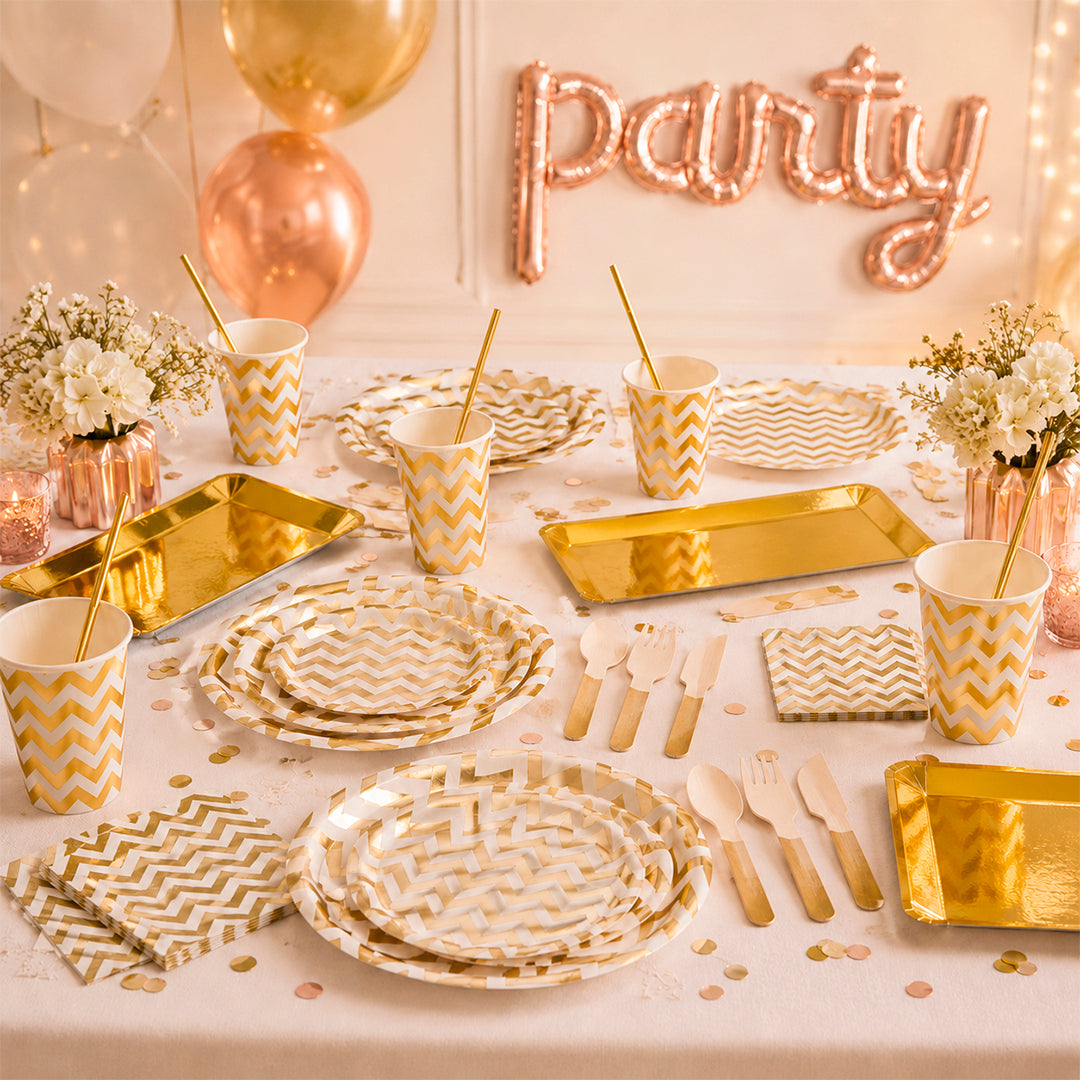 Kit de Fiesta Gold Stripes: Platos, Vasos, Cubiertos, Popotes, Servilletas y Decoración