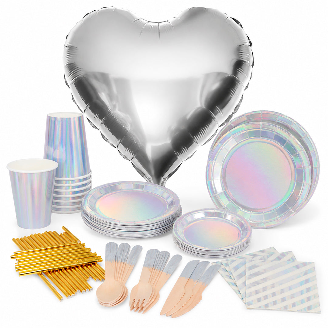 Kit de Fiesta Iridiscente Chic: Platos, Vasos, Cubiertos, Popotes, Servilletas y Decoración