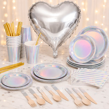 Kit de Fiesta Iridiscente Chic: Platos, Vasos, Cubiertos, Popotes, Servilletas y Decoración