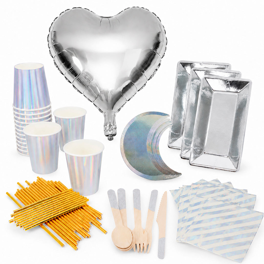 Kit de Fiesta Luna Iridiscente: Platos, Vasos, Cubiertos, Popotes, Servilletas y Decoración