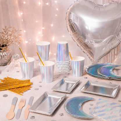 Kit de Fiesta Luna Iridiscente: Platos, Vasos, Cubiertos, Popotes, Servilletas y Decoración