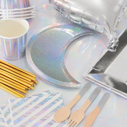 Kit de Fiesta Luna Iridiscente: Platos, Vasos, Cubiertos, Popotes, Servilletas y Decoración