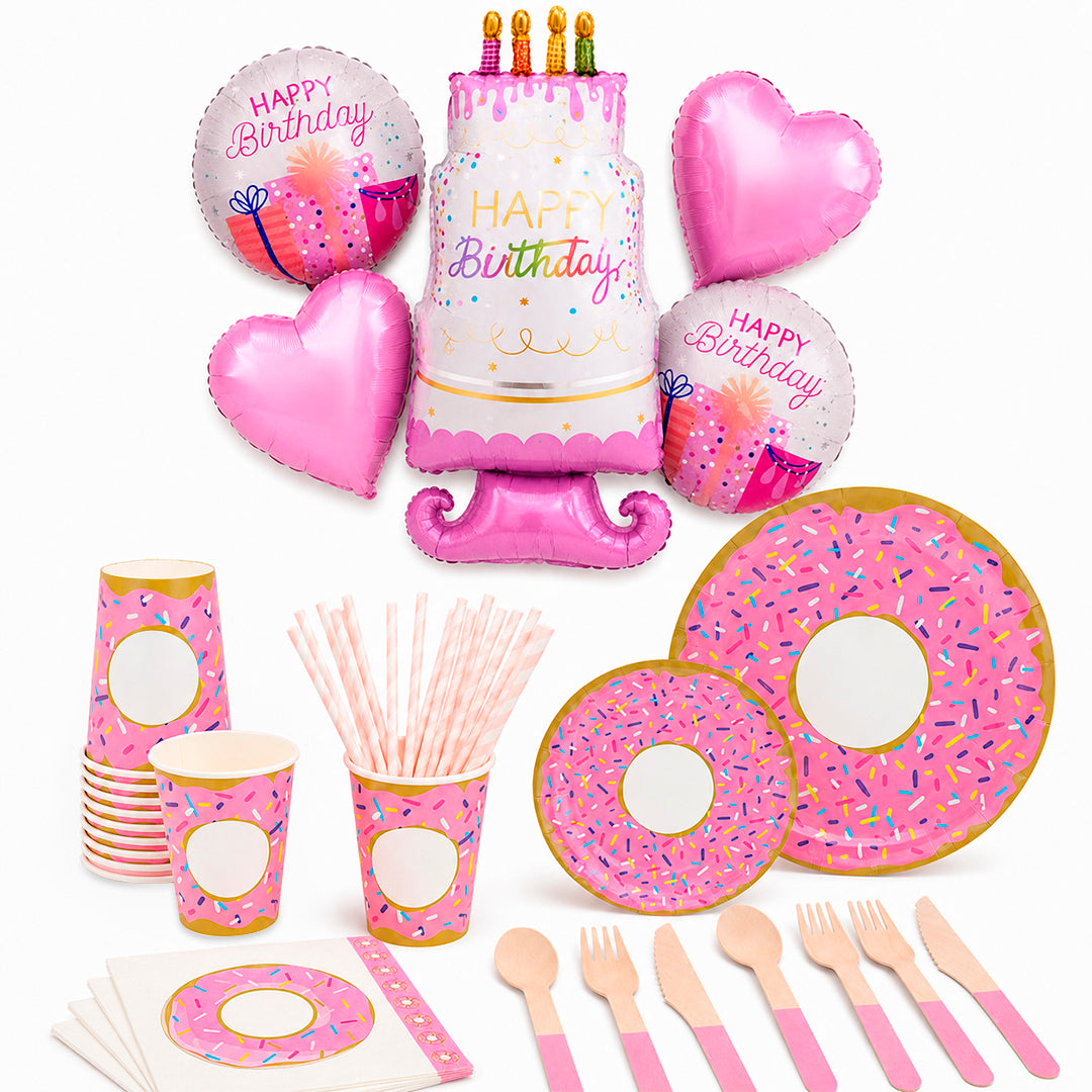 Kit de Fiesta Dona Party: Platos, Vasos, Cubiertos, Popotes, Servilletas y Decoración