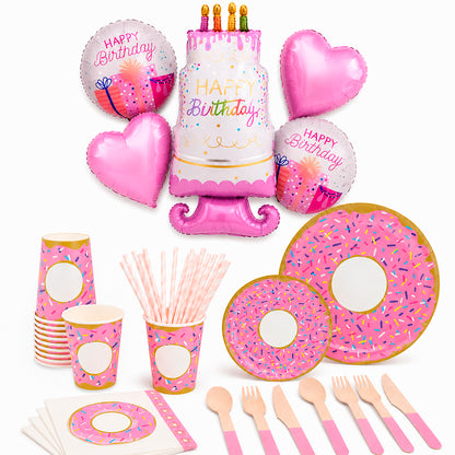 Kit de Fiesta Dona Party: Platos, Vasos, Cubiertos, Popotes, Servilletas y Decoración