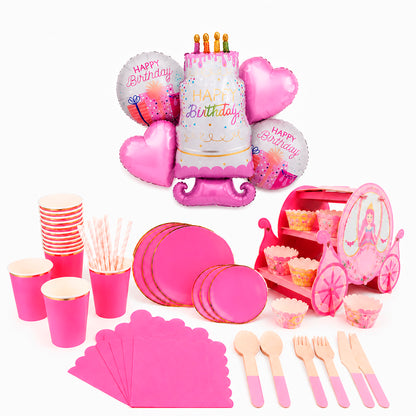 Kit de Fiesta Royal Fucsia & Gold: Platos, Vasos, Cubiertos, Popotes, Servilletas y Decoración