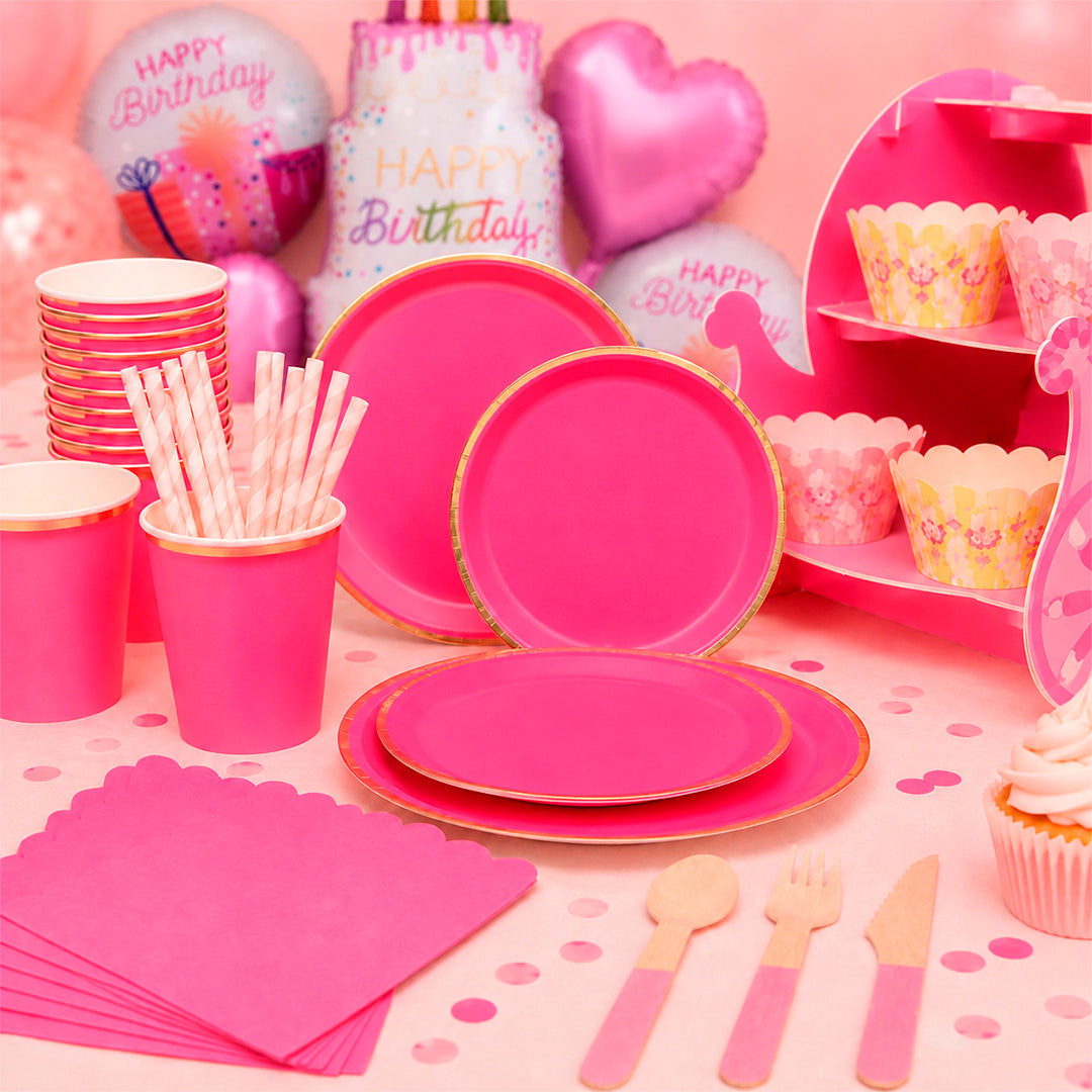 Kit de Fiesta Royal Fucsia & Gold: Platos, Vasos, Cubiertos, Popotes, Servilletas y Decoración