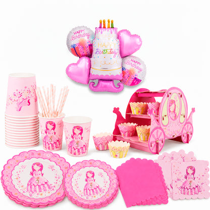 Kit de Fiesta Princesa Rosa: Platos, Vasos, Popotes, Servilletas y Decoración