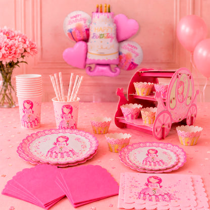 Kit de Fiesta Princesa Rosa: Platos, Vasos, Popotes, Servilletas y Decoración