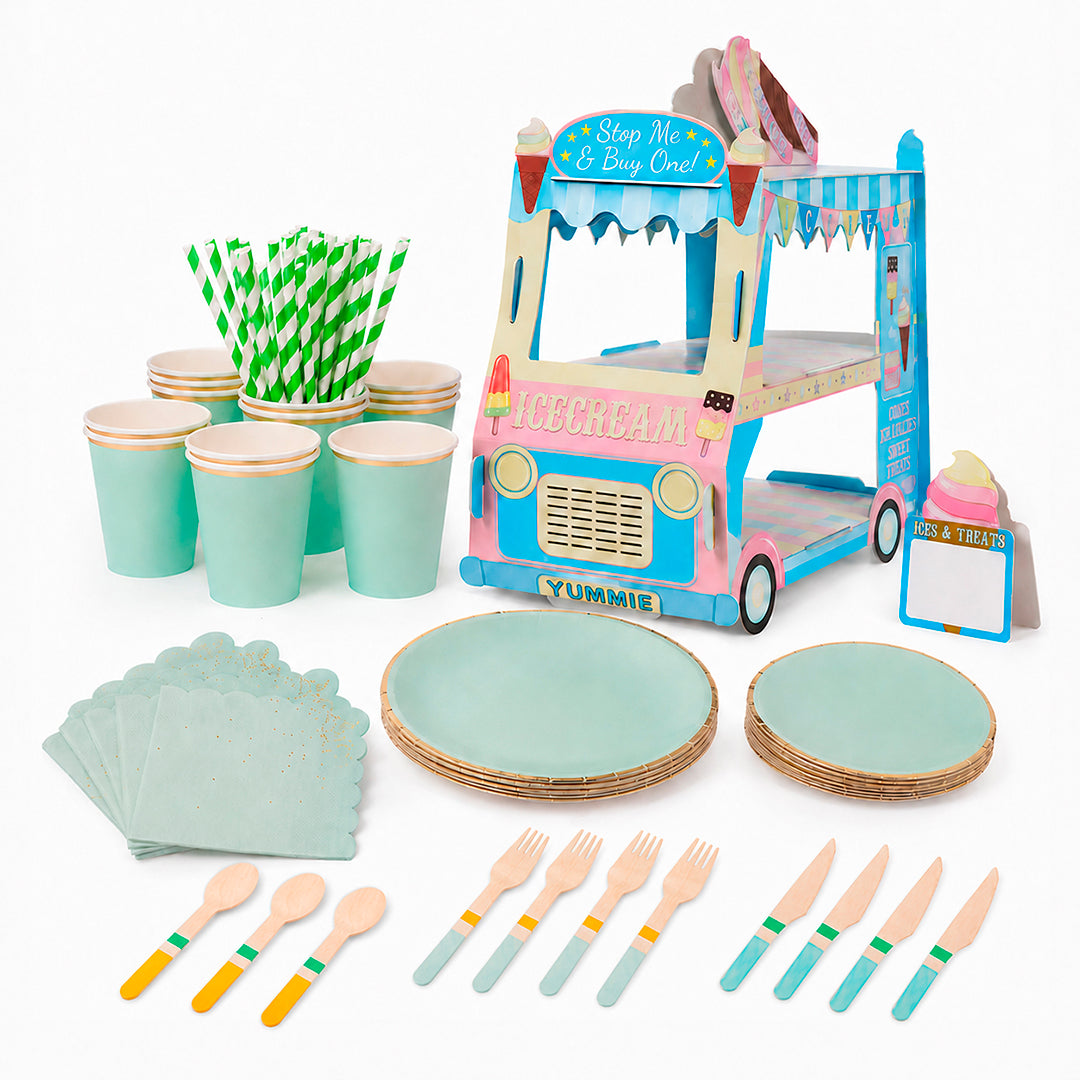 Kit de Fiesta Ice Cream Menta Truck: Platos, Vasos, Cubiertos, Popotes, Servilletas y Decoración