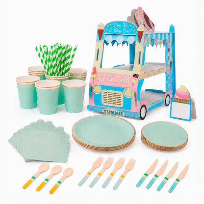 Kit de Fiesta Ice Cream Menta Truck: Platos, Vasos, Cubiertos, Popotes, Servilletas y Decoración