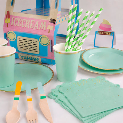Kit de Fiesta Ice Cream Menta Truck: Platos, Vasos, Cubiertos, Popotes, Servilletas y Decoración