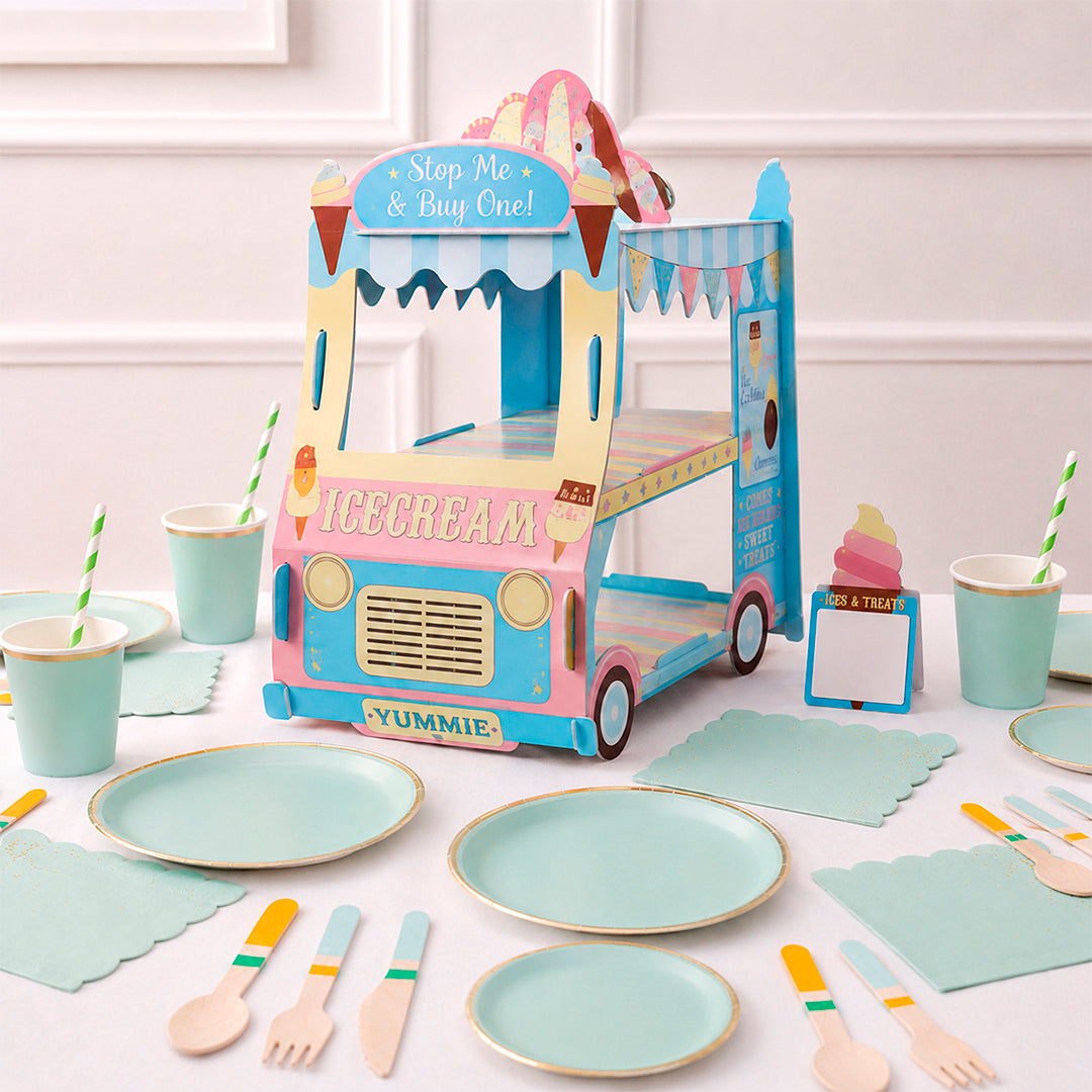 Kit de Fiesta Ice Cream Menta Truck: Platos, Vasos, Cubiertos, Popotes, Servilletas y Decoración