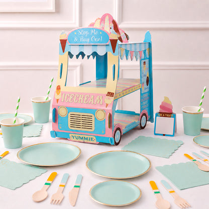 Kit de Fiesta Ice Cream Menta Truck: Platos, Vasos, Cubiertos, Popotes, Servilletas y Decoración