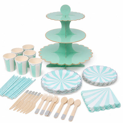 Kit de Fiesta Retro Azul/Menta: Platos, Vasos, Cubiertos, Popotes, Servilletas y Decoración