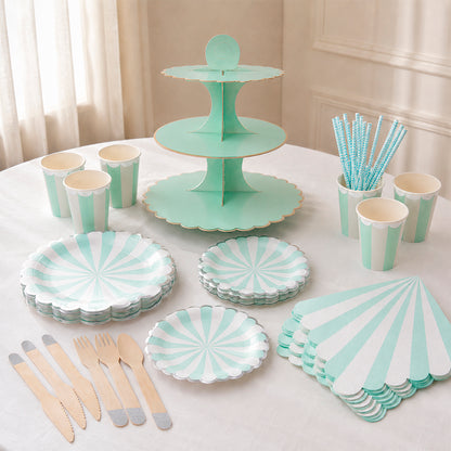 Kit de Fiesta Retro Azul/Menta: Platos, Vasos, Cubiertos, Popotes, Servilletas y Decoración