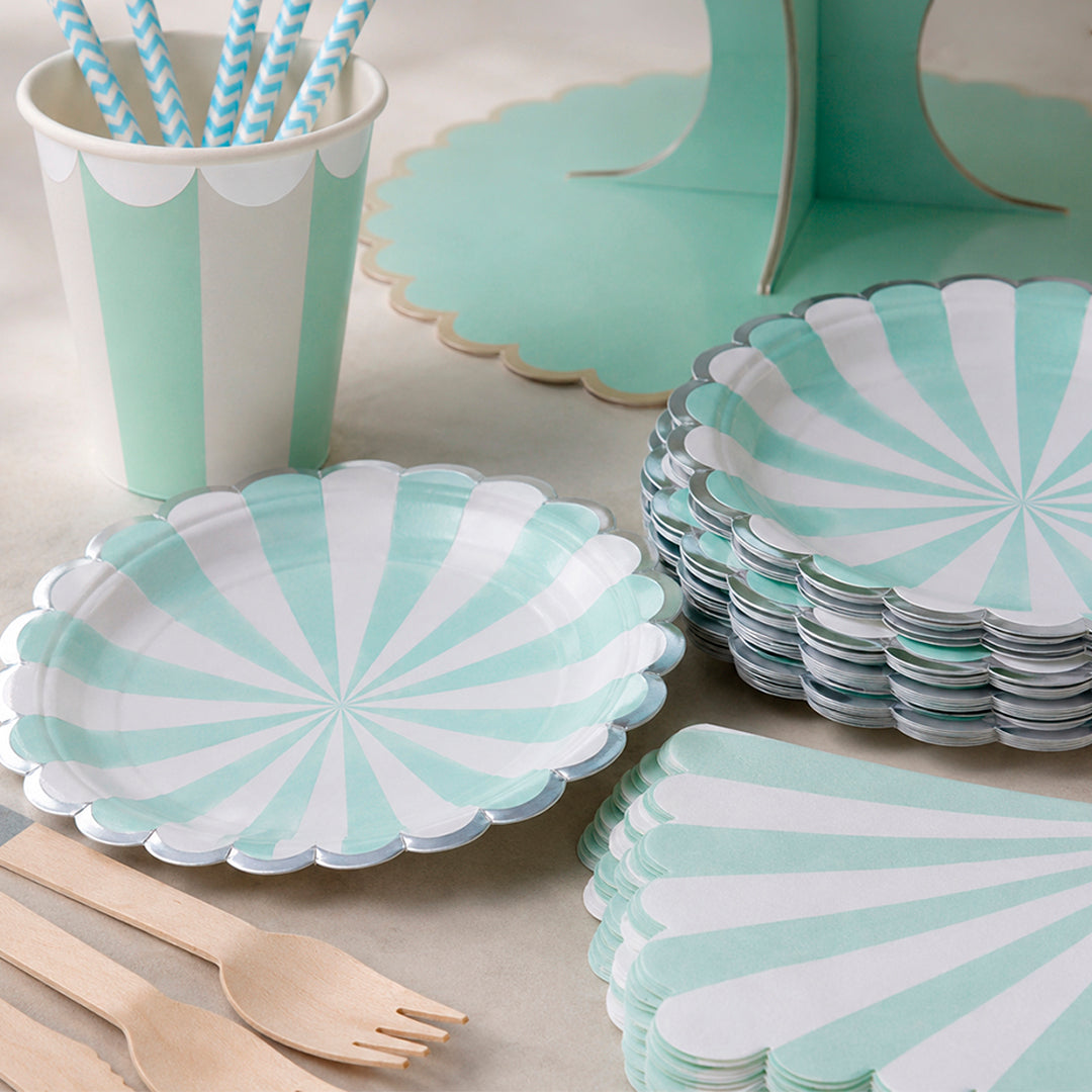 Kit de Fiesta Retro Azul/Menta: Platos, Vasos, Cubiertos, Popotes, Servilletas y Decoración