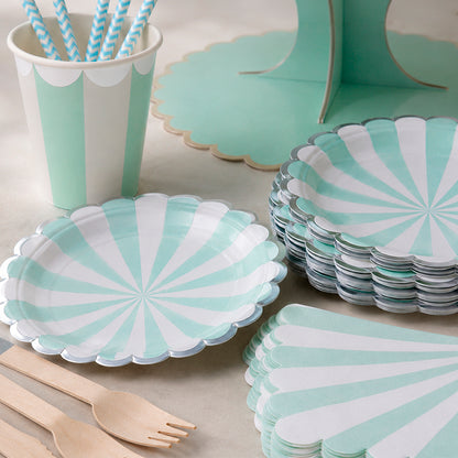 Kit de Fiesta Retro Azul/Menta: Platos, Vasos, Cubiertos, Popotes, Servilletas y Decoración