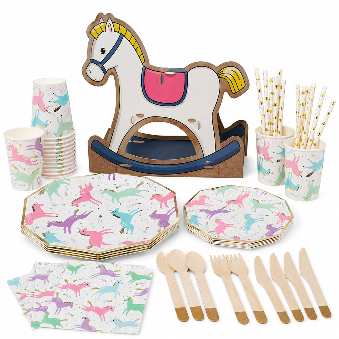 Kit de Fiesta Candy Unicornio: Platos, Vasos, Cubiertos, Popotes, Servilletas y Decoración