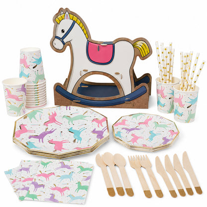 Kit de Fiesta Candy Unicornio: Platos, Vasos, Cubiertos, Popotes, Servilletas y Decoración