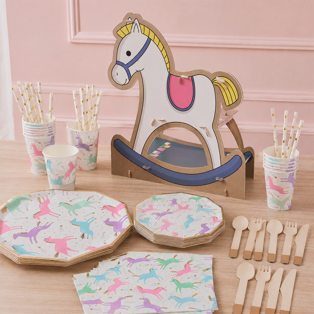 Kit de Fiesta Candy Unicornio: Platos, Vasos, Cubiertos, Popotes, Servilletas y Decoración
