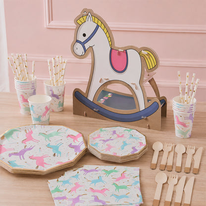 Kit de Fiesta Candy Unicornio: Platos, Vasos, Cubiertos, Popotes, Servilletas y Decoración