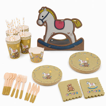 Kit de Fiesta Infantil Caballito: Platos, Vasos, Cubiertos, Popotes, Servilletas y Decoración