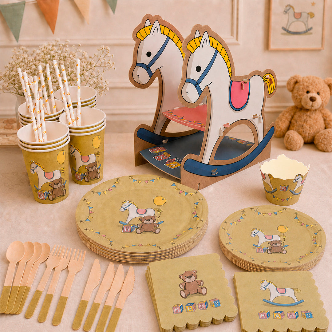 Kit de Fiesta Infantil Caballito: Platos, Vasos, Cubiertos, Popotes, Servilletas y Decoración