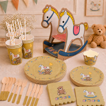 Kit de Fiesta Infantil Caballito: Platos, Vasos, Cubiertos, Popotes, Servilletas y Decoración