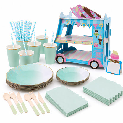 Kit de Fiesta Ice Cream Menta Delux: Platos, Vasos, Cubiertos, Popotes, Servilletas y Decoración