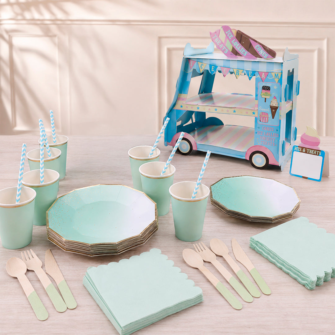 Kit de Fiesta Ice Cream Menta Delux: Platos, Vasos, Cubiertos, Popotes, Servilletas y Decoración