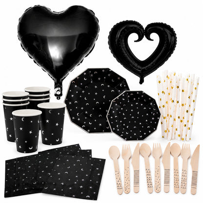 Kit de Fiesta Black is Black: Platos, Vasos, Cubiertos, Popotes, Servilletas y Decoración