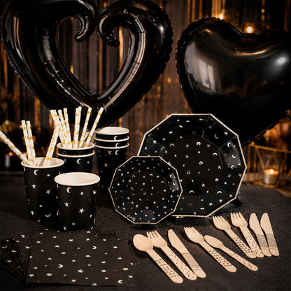 Kit de Fiesta Black is Black: Platos, Vasos, Cubiertos, Popotes, Servilletas y Decoración