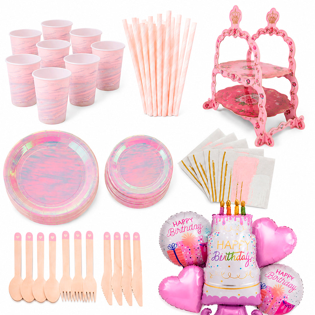 Kit de Fiesta Princess Glam  Tornasol: Platos, Vasos, Cubiertos, Popotes, Servilletas y Decoración