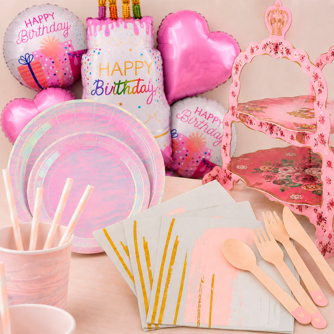Kit de Fiesta Princess Glam  Tornasol: Platos, Vasos, Cubiertos, Popotes, Servilletas y Decoración
